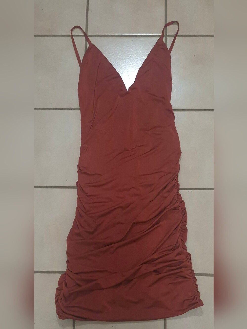 Tiger Mist Ruched Bodycon Mini Dress Rust Red (S)
